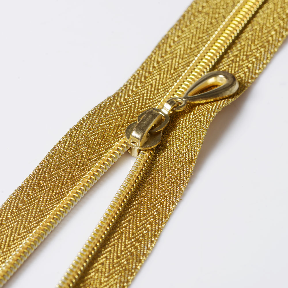 5# Nylon Zipper with Gold/Silver Fabric & Teeth